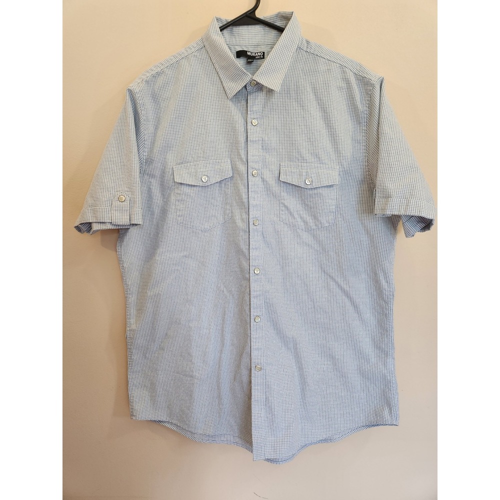 Murano Slim Fit Mens XL Short Sleeve Button Down Shirt Blue White Gingham Cotton